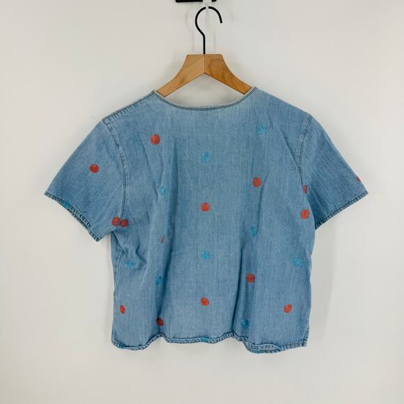 Vintage 90s CMC Embroidered Denim Chambray Button Down Short Sleeve Shirt Size M - Picture 2 of 6